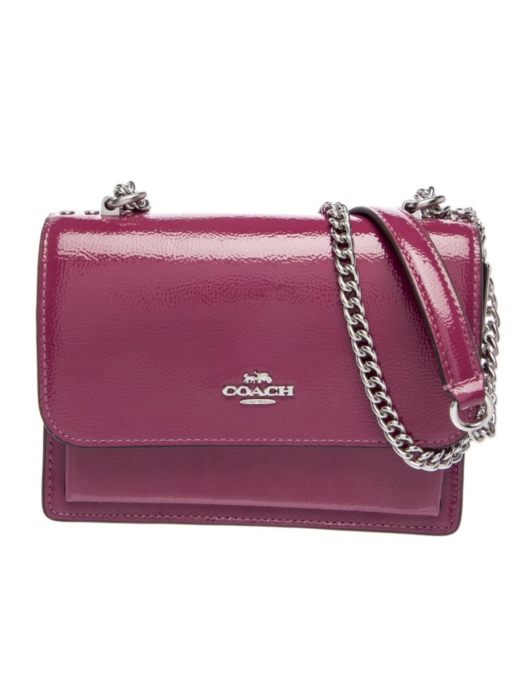 Coach Patent Crossbody Bag in Berry Plum with Silver Chain